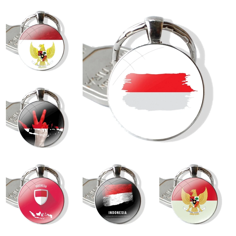 Indonesia flag banner pattern Keychain Handmade Glass Cabochon Key Ring Holder Pendant Key Chains