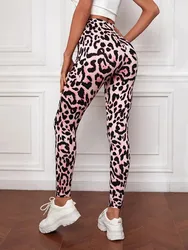 Women's Sports Leopard Print Leggings Long Pink Slim Fit High Elasticity Comfortable Tight Pants Casual Leggings