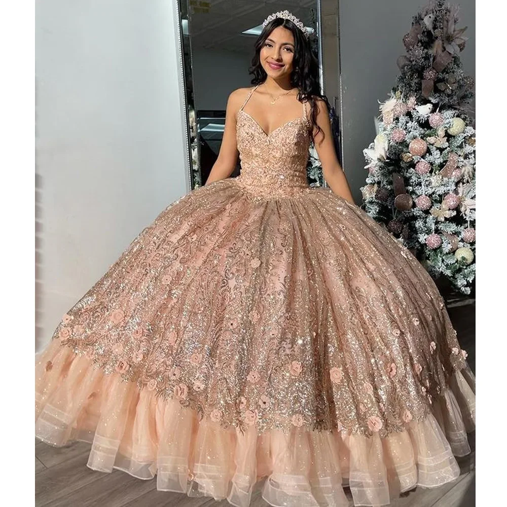 반짝 반짝 빛나는 Quinceanera 댄스 파티 드레스 스파게티 스트랩 볼 가운 Tulle Party Sweet 15 16 Dress Quinceañera Anos