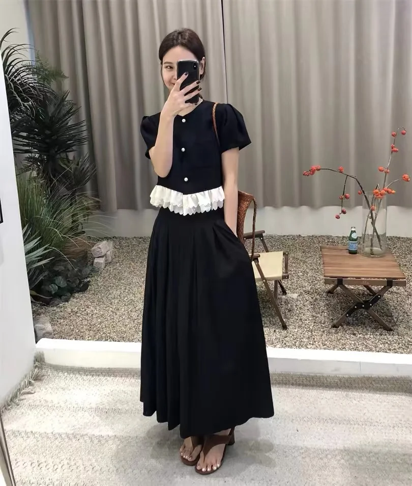 UNXX 2024 Summer New French Vintage Lace Trim Top and Skirt, Elegant Slimming Chic Style Two-Piece Set Female Office Lady Suit