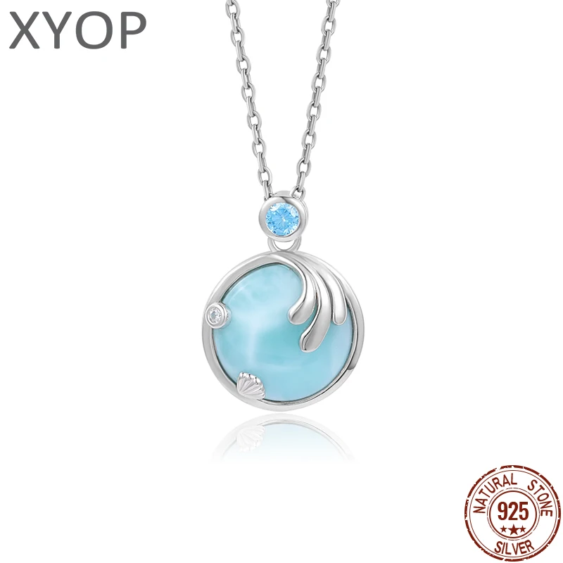 XYOP 925 Silver Gift Natural Blue Larimar Round Beach Beach Pendant Blue Zircon 40+5cm Cross Necklace, Europe And The United Sta