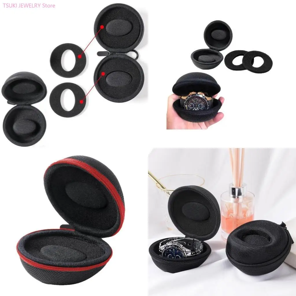 

62KE Portable Watch Travel Case Cushioned Round Portable Watch Holder for Travel Wristwatches Protector with Zipper