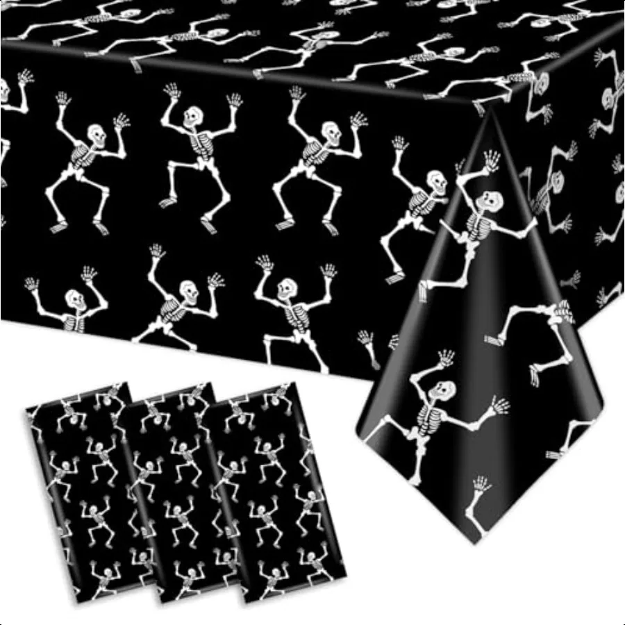 

3PCS Black Halloween Plastic Tablecloth Spooky Skull Skeleton Waterproof Tablecover for Boys Baby Shower Birthday Holiday Part