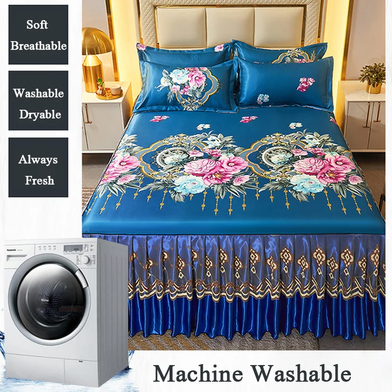 Ice Silk Cooling Bed Skirt Bedding Set with Pillowcases Multi-Layer Lace Ruffle Floral Print Summer Bed Sheet for Bedroom Hotel