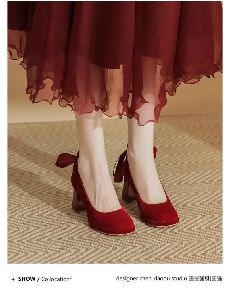 2024 New Red Bow Pearl Mary Jane Platform Waterproof Lolita Heels for Women Chunky Wedding Shoes Single Shoe