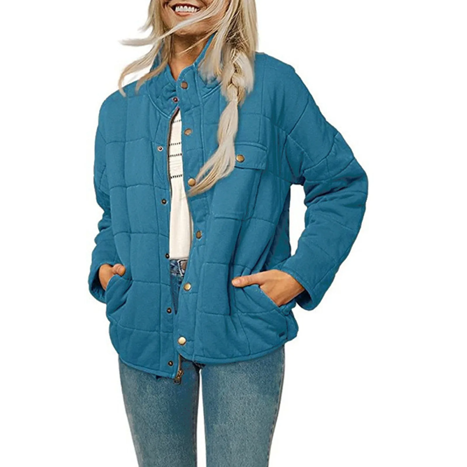 Chaqueta gruesa de cuello alto para mujer, prendas de vestir holgadas con bolsillos, Tops térmicos informales, invierno, 2024