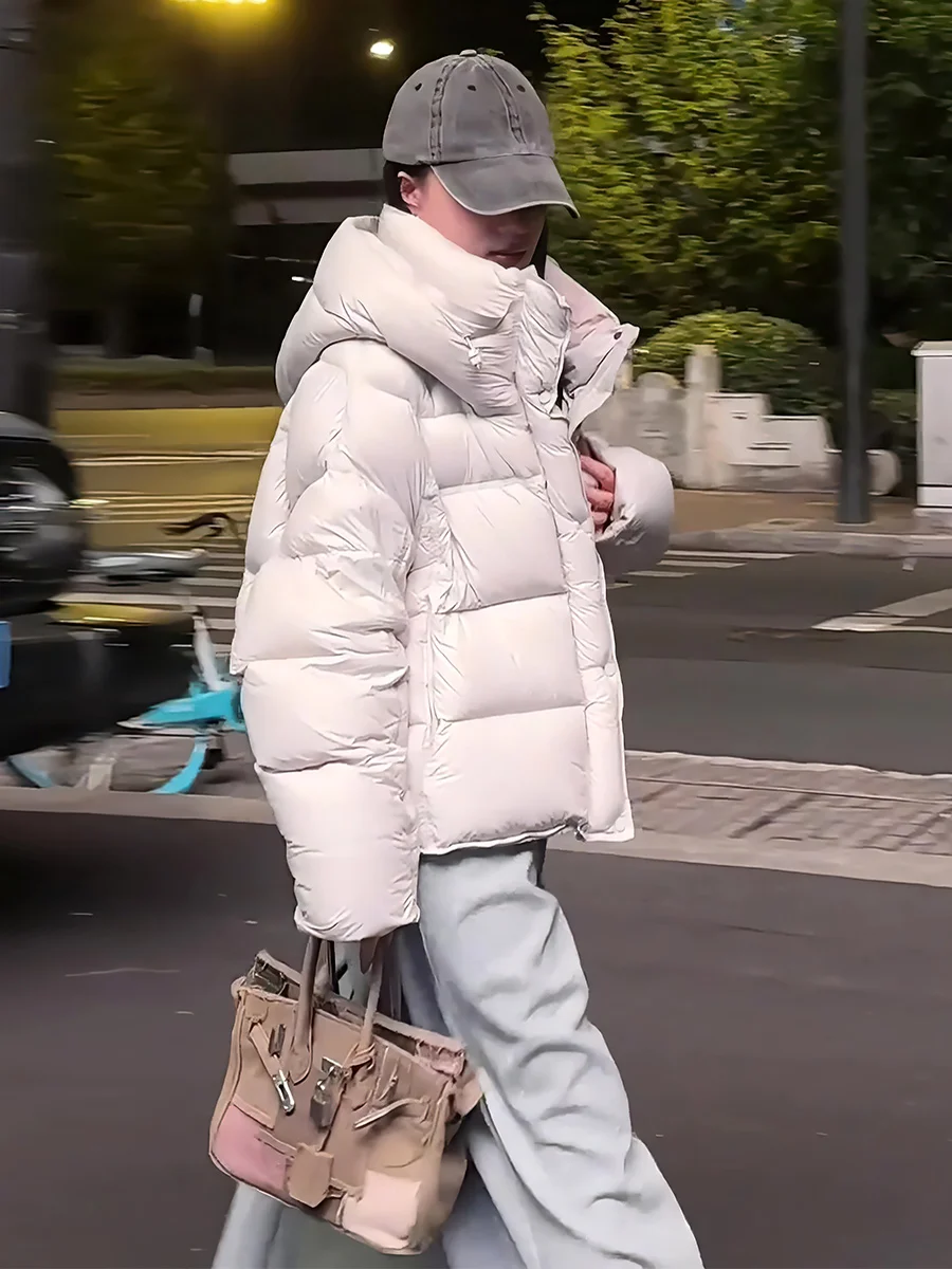 여성용 오트 화이트 다운 재킷 후드 스트링 따뜻한 패셔너블 겨울 코트 출퇴근용 탈부착 가능한 후드