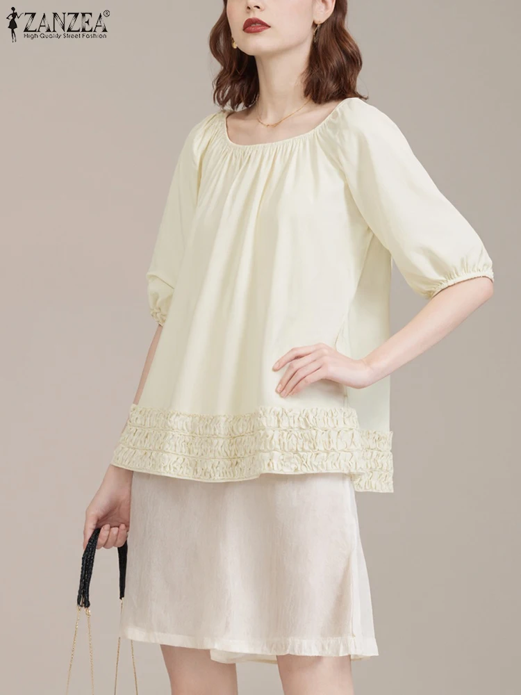 

2025 ZANZEA Women Summer Blouses Fungus Ruffled Edge Casual Tops Fashion Puff Sleeve O-Neck Loose Solid Korean Blusas Femininas
