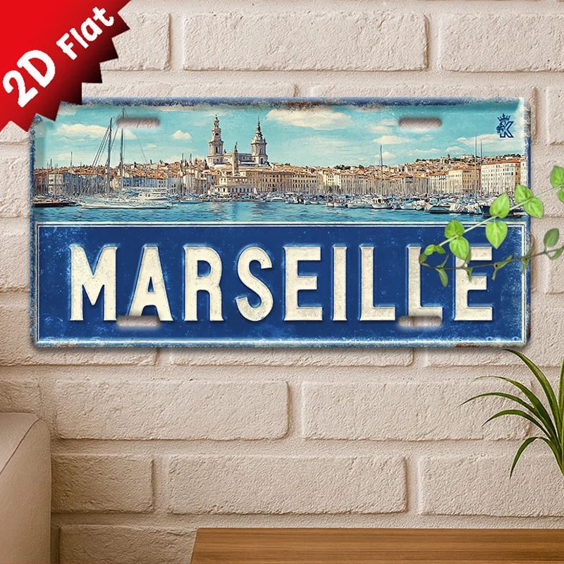 2D Flat -Single Piece, Vintage Metal  Sign, Decorative Plaque And Signboard Modern Minimalist Decor Featuring a Marseille