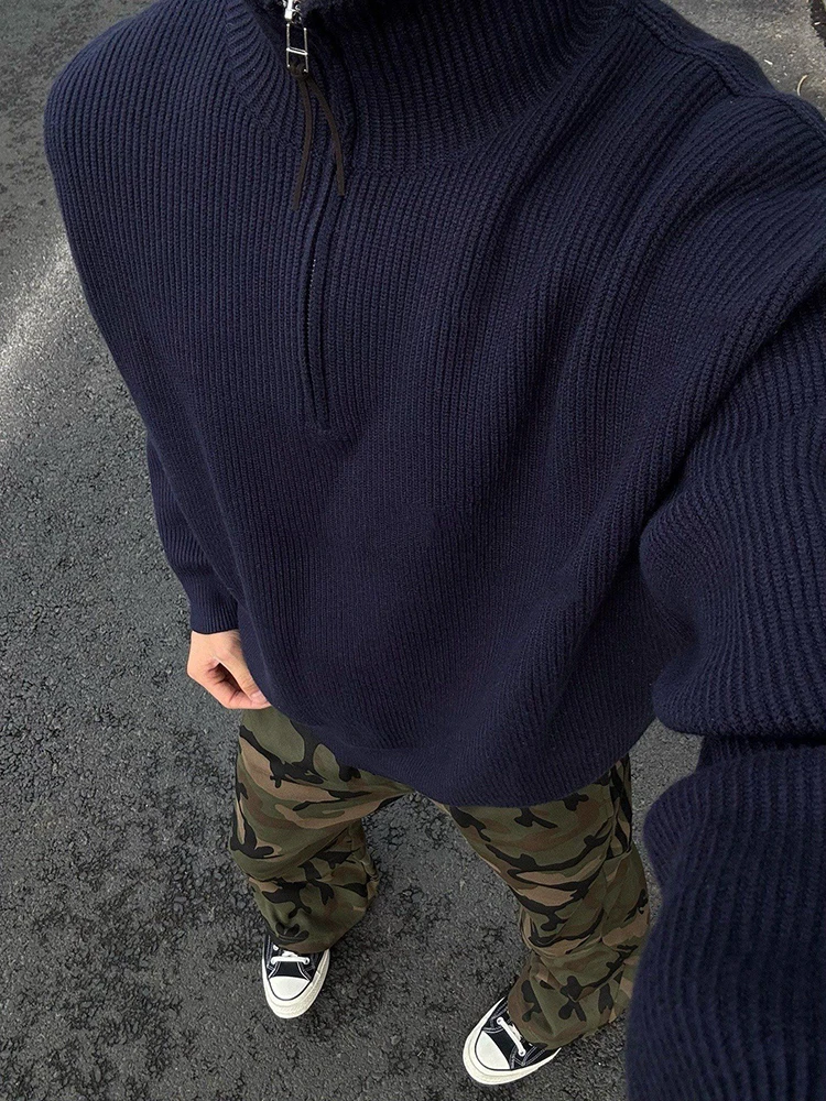 

Мужской вязаный свитер свободного кроя с высоким воротником, синий, повседневная спортивная одежда, осенняя верхняя одежда, удобный, дышащий, из полиэстера