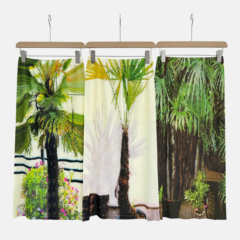 Miyake Women Yellow Green Leaf Print Pleated Skirt High Waist Loose Casual Maxi Skirt