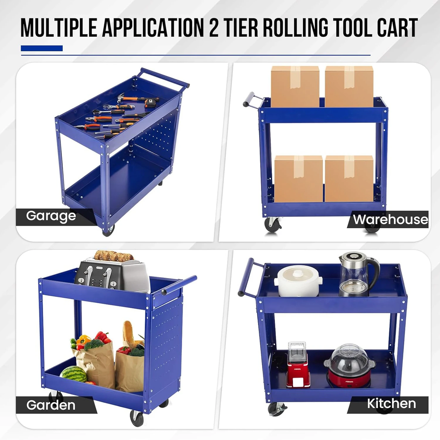 2 Tier Metal Utility Cart Heavy Duty Utility Cart On Wheels Rolling Tool Cart,Tool Storage Organizer for Garage Warehouse