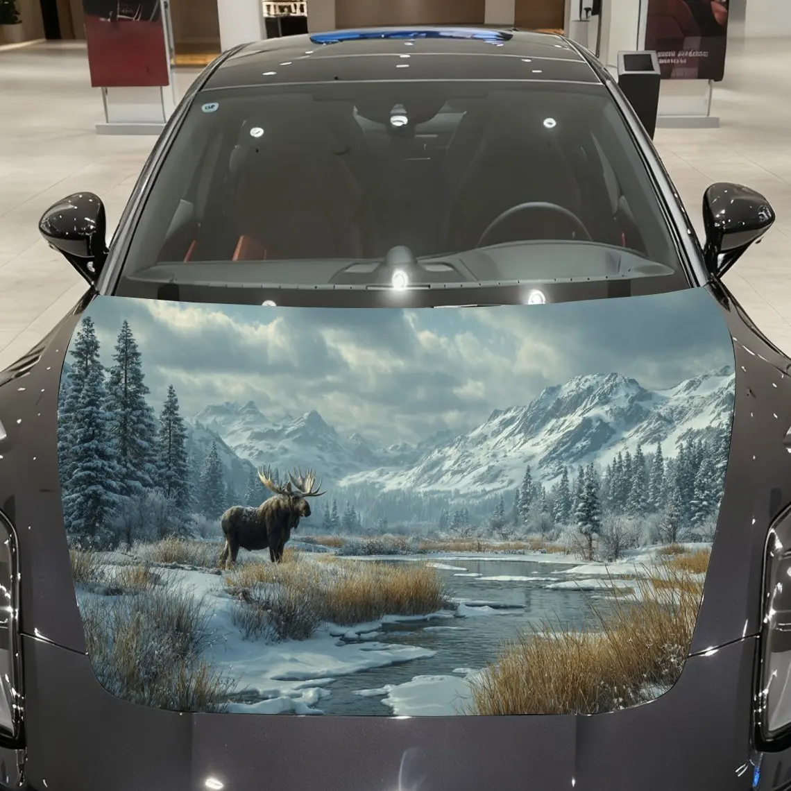 

Snowy Moose Car Vinyl Wrap, PVC Material Waterproof Car Hood Sticker, Self-Adhesive Scratch-Resistant Stickers for Engine Cover,