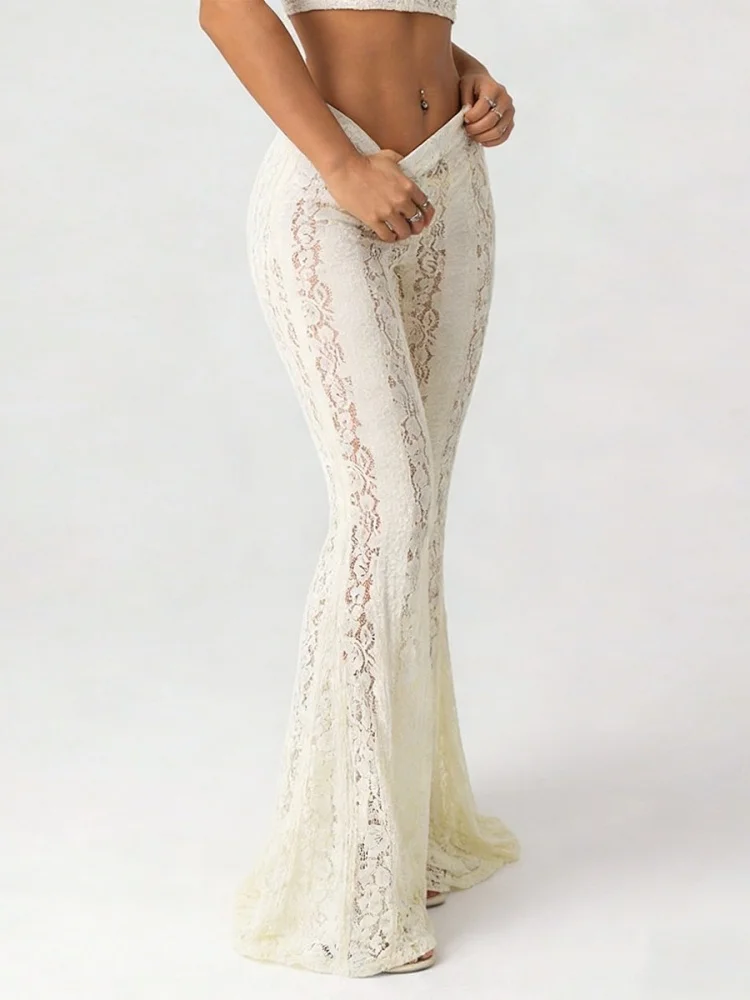 Wmstar Pants Women Wholesale Retro Lace Self-cultivation Low Waist Design Flared Pants Luxury Elegance Lace Long Pants 2026