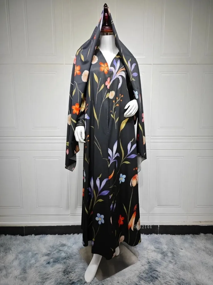 2026 New Middle East Dubai Cardigan Abaya Fashion Printed Open Abaya Modest Outer Women Robe with Headscarf 2-Piece Set