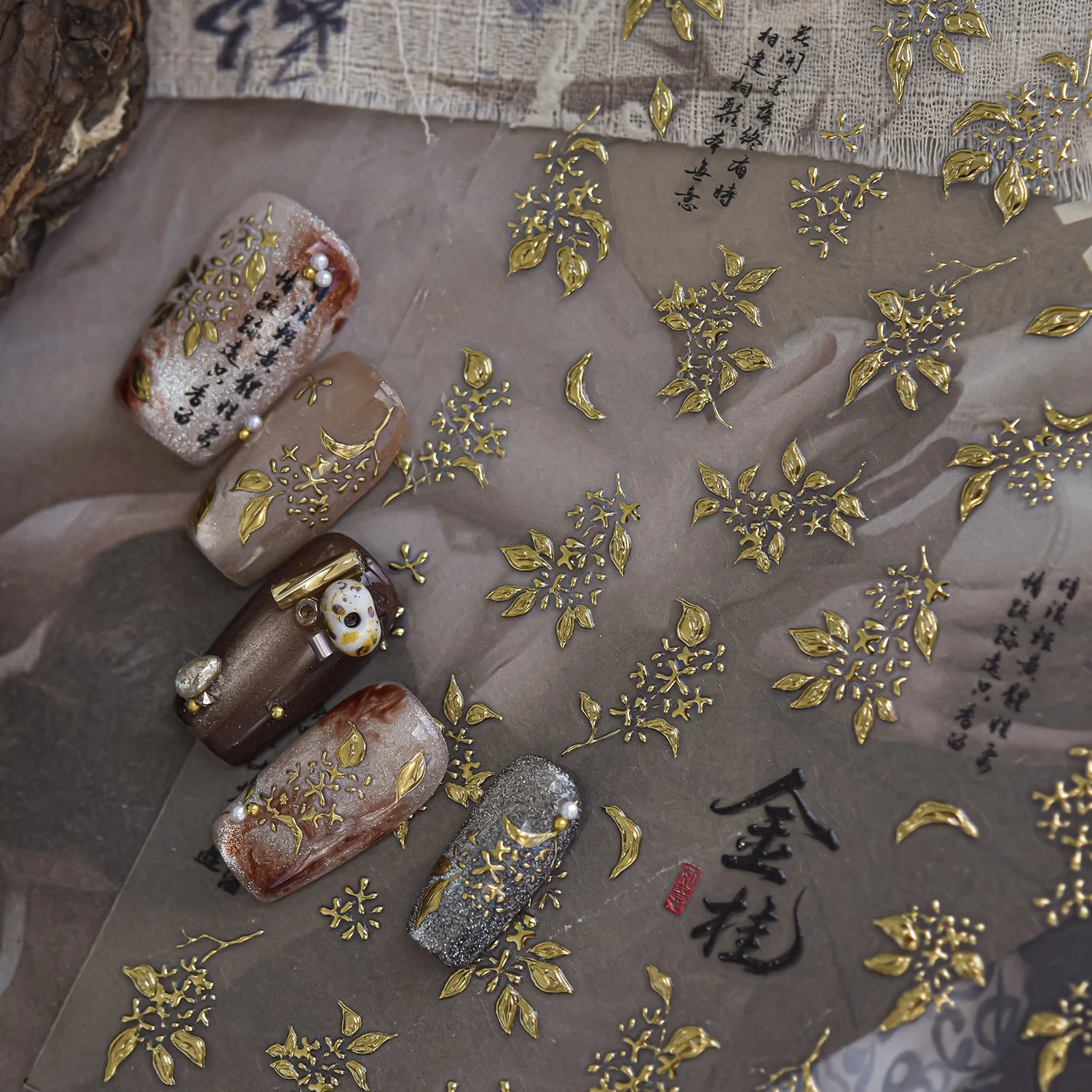 Oriental Aesthetic 5D Nail Stickers Autumn Gold Foil Osmanthus Branches Blossom Clusters Ancient Chinese Poem Calligraphy Decal