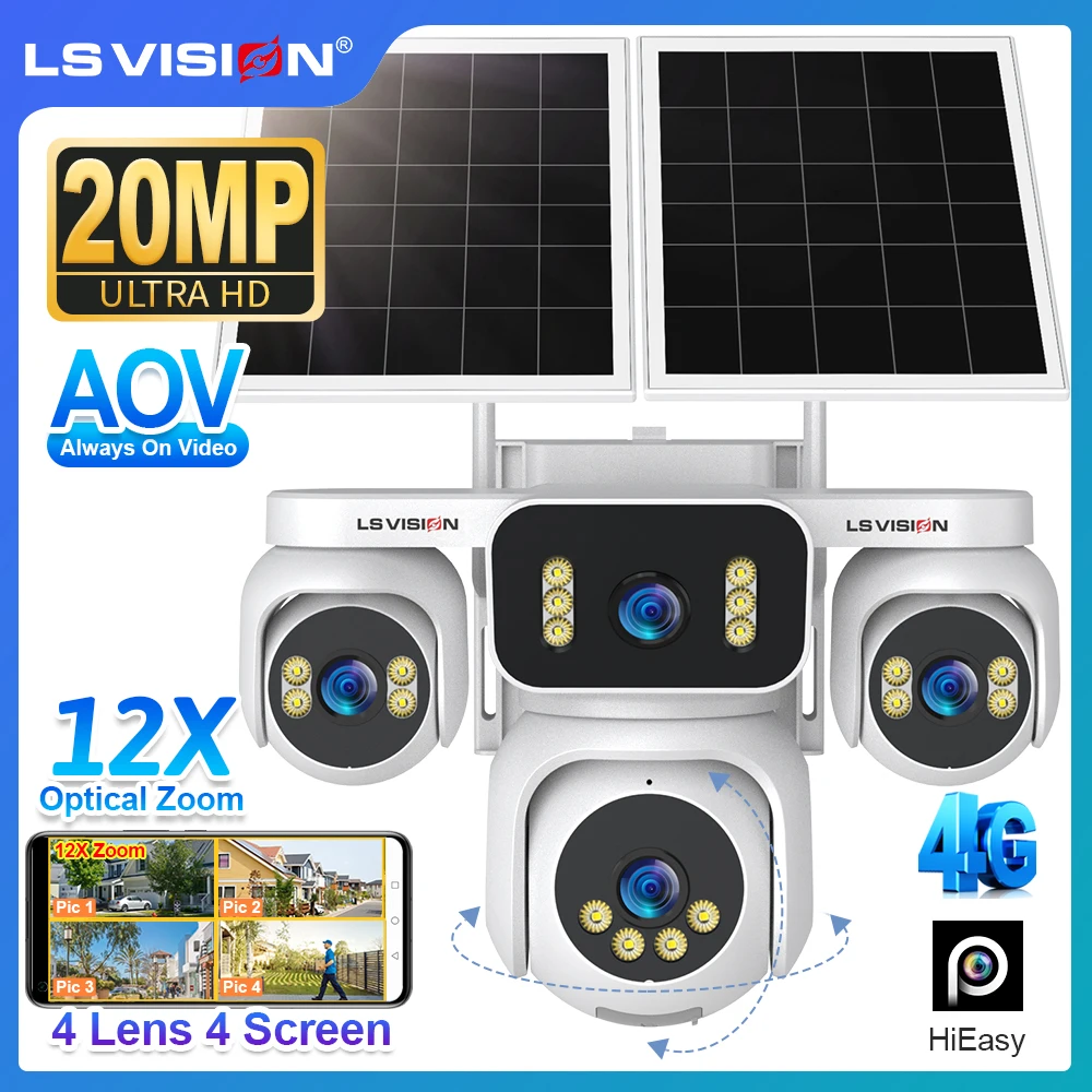 

LS VISION 4G Four Screen AOV Solar Camera 24/7 Recording Outdoor 20MP 12X Optical Zoom Auto Tracking Waterproof Security Cameras