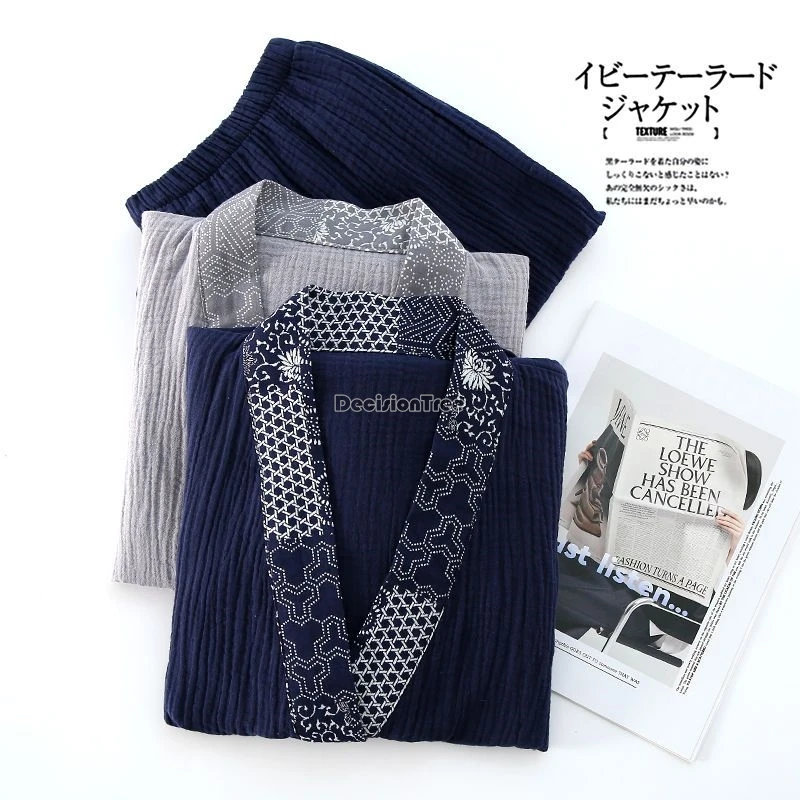 

Мужские пижамы в японском стиле 2025 года, весенне-осеннее кимоно из чистого хлопка и домашняя одежда, рубашка с перекрестным воротником, длинные брюки, пижамный комплект