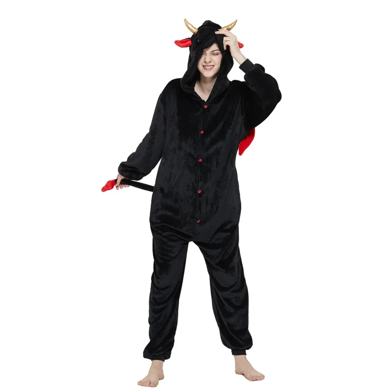 aki Kigurumi Devil Onesies Flannel Cute Animal Pajamas Sets Kids Winter Demon Nightie Pajamas Sleepwear Homewear