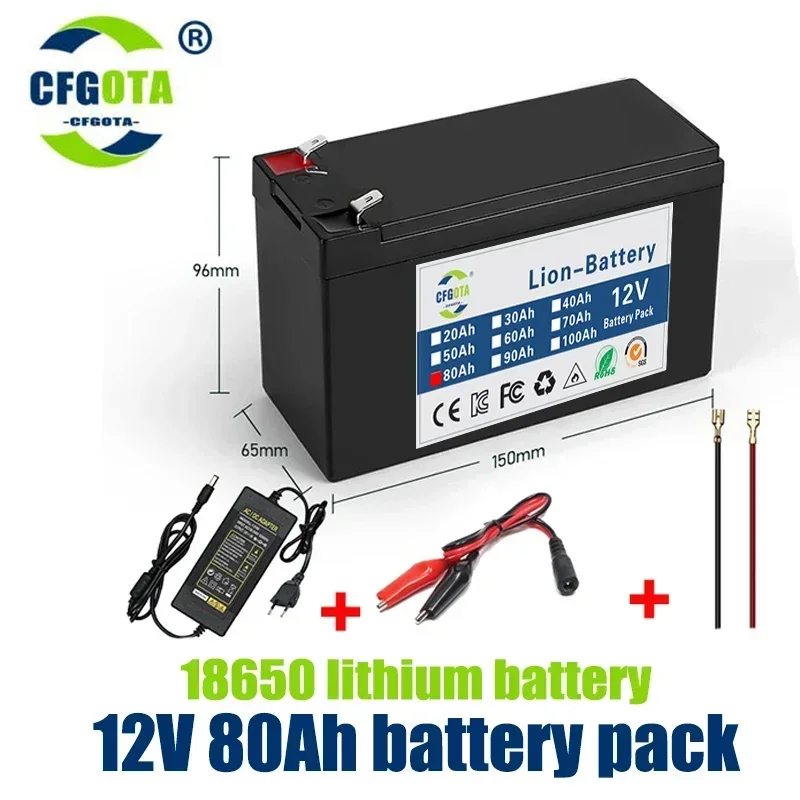 Batería de litio 18650 de 12V, 80Ah, pulverizador de 30A, batería de vehículo eléctrico BMS de alta corriente integrada, cargador de 12,6 V y 3A