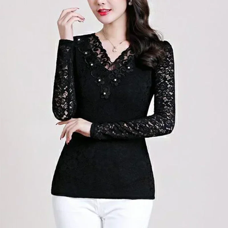 

Autumn Elegant Fashion Chic Vintage Shirt Women Trendy Aesthetic Lace Office Lady All Match Hollow Out Lace V Neck Beading Top