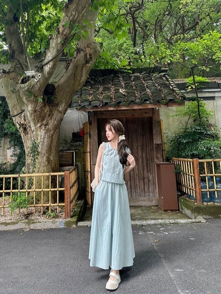 

Women A Line Midi Skirt With Sleeveless Camisole Shirt New Chinese Style Two Piece Ladylike Fashion Set