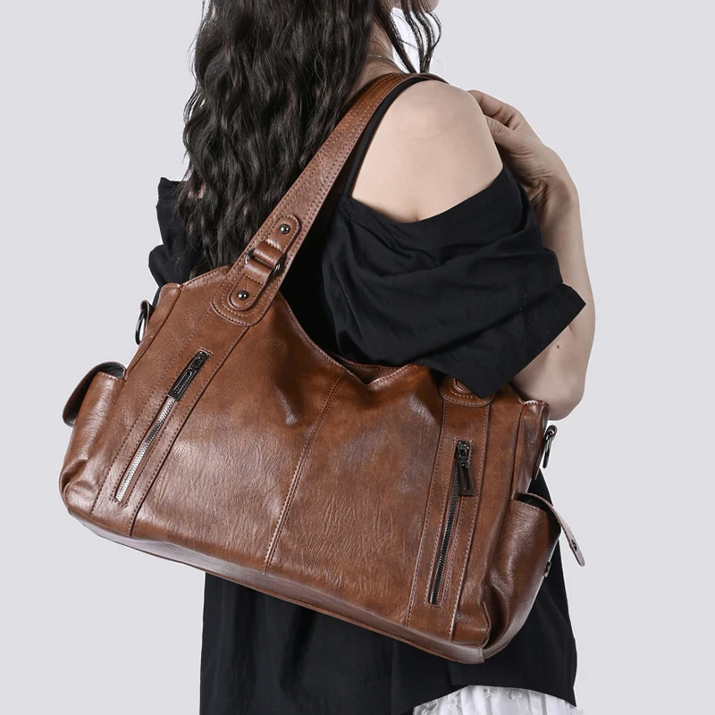 Damen Vintage PU-Leder Handtasche mit mehreren Reißverschlusstaschen, modische Schulter- und Umhängetasche für Arbeit, Alltag und Reisen – Detail 8