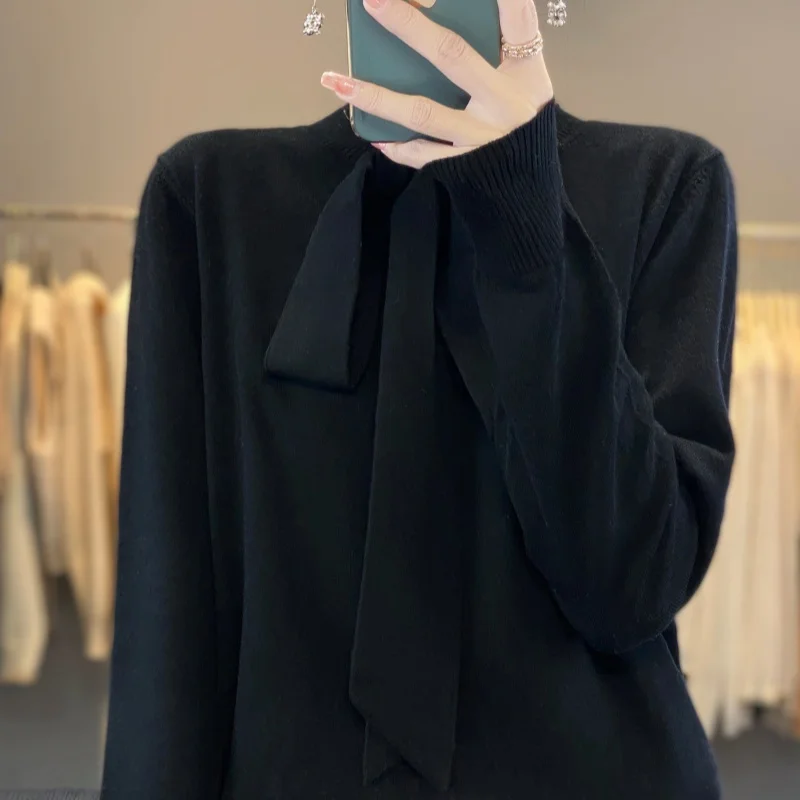 Pulôver feminino de manga comprida com gola redonda, suéter de caxemira, blusa tricotada, novo, outono e inverno