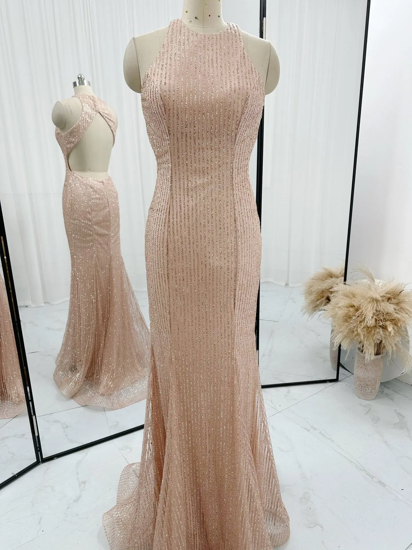 Pink Mesh Sequins Sexy Back Exposed Mermaid Slim Night Dress M1501