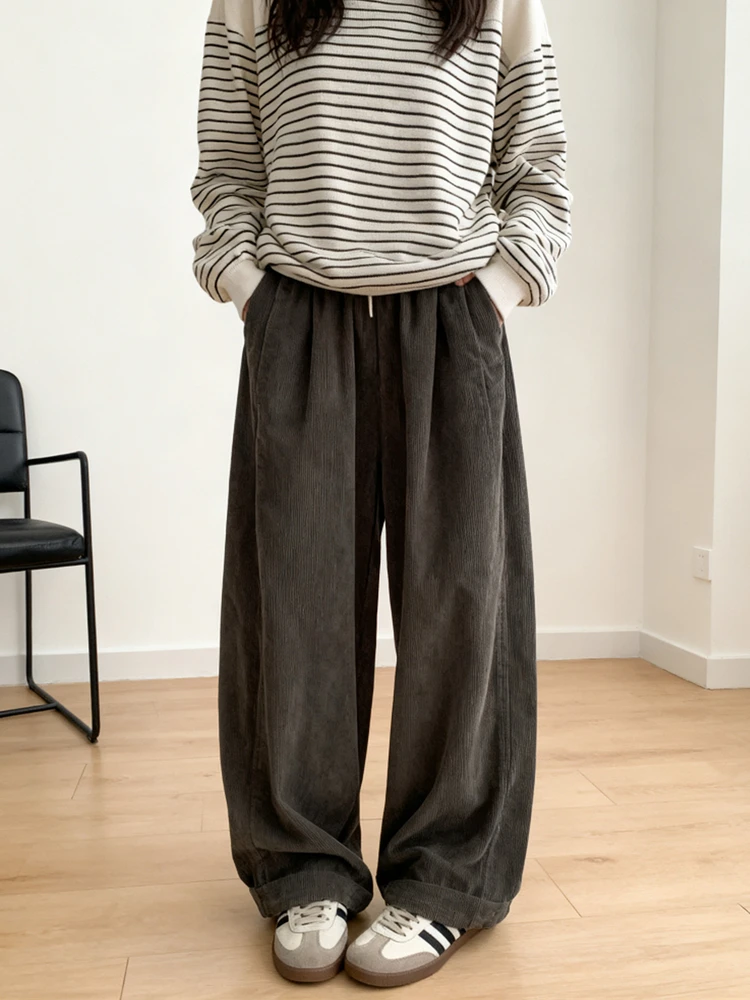 

Retro Japanese Sle Loose Casual Corduroy Pants Women High Waist Wide Leg Straight Cut Autumn Winter Slimming Versatile Trou...