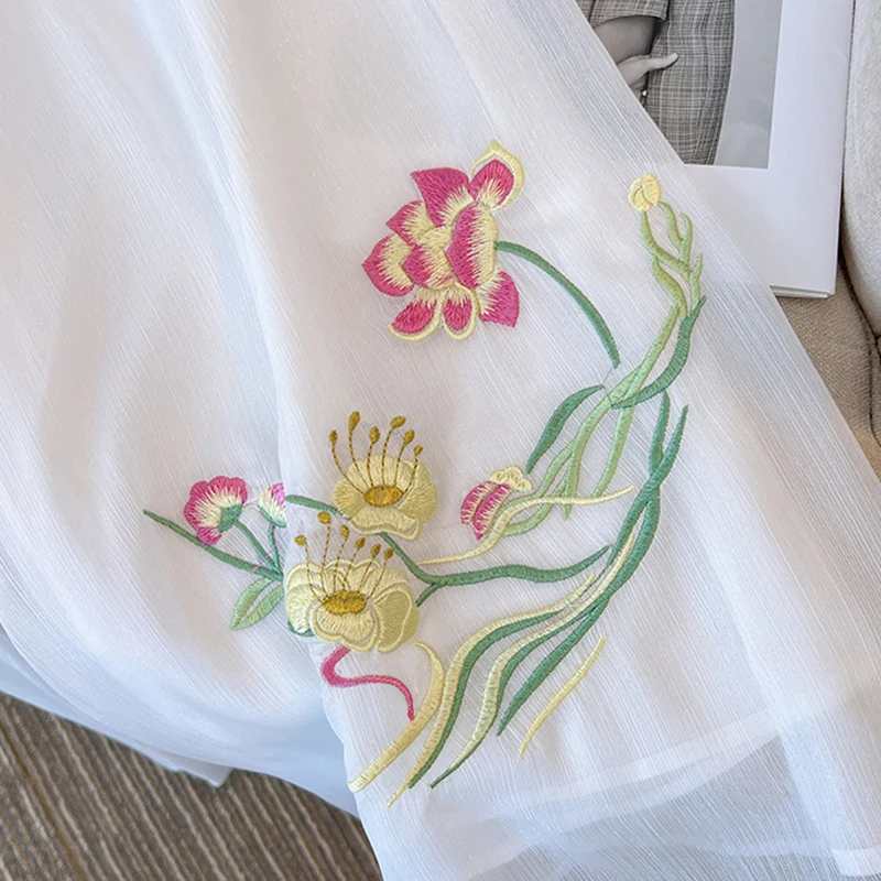 Summer Double Chiffon Skirt Pants Embroidery High Waist Wide Leg Pants Casual Yoga Trousers For Chinese Style Women\'s Clothing