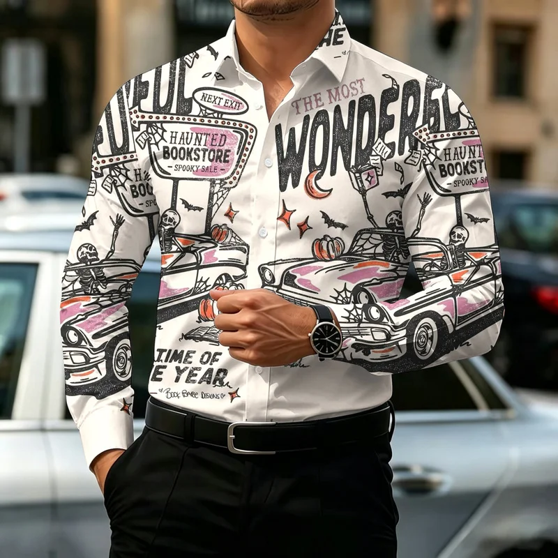 Halloween Men's Letter Printed Bloodstain Shirt Button up Shirt Long Sleeved Dark punk gothic Streetwear Men's High-Quality Top