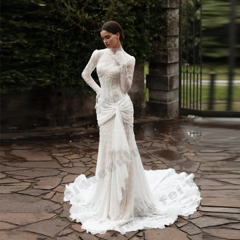 Luxury Women's Bridal Gowns Muslim Elegant Long Sleeve Mermaid High Collar Princess Wedding Dresses Formal Party Customized Robe