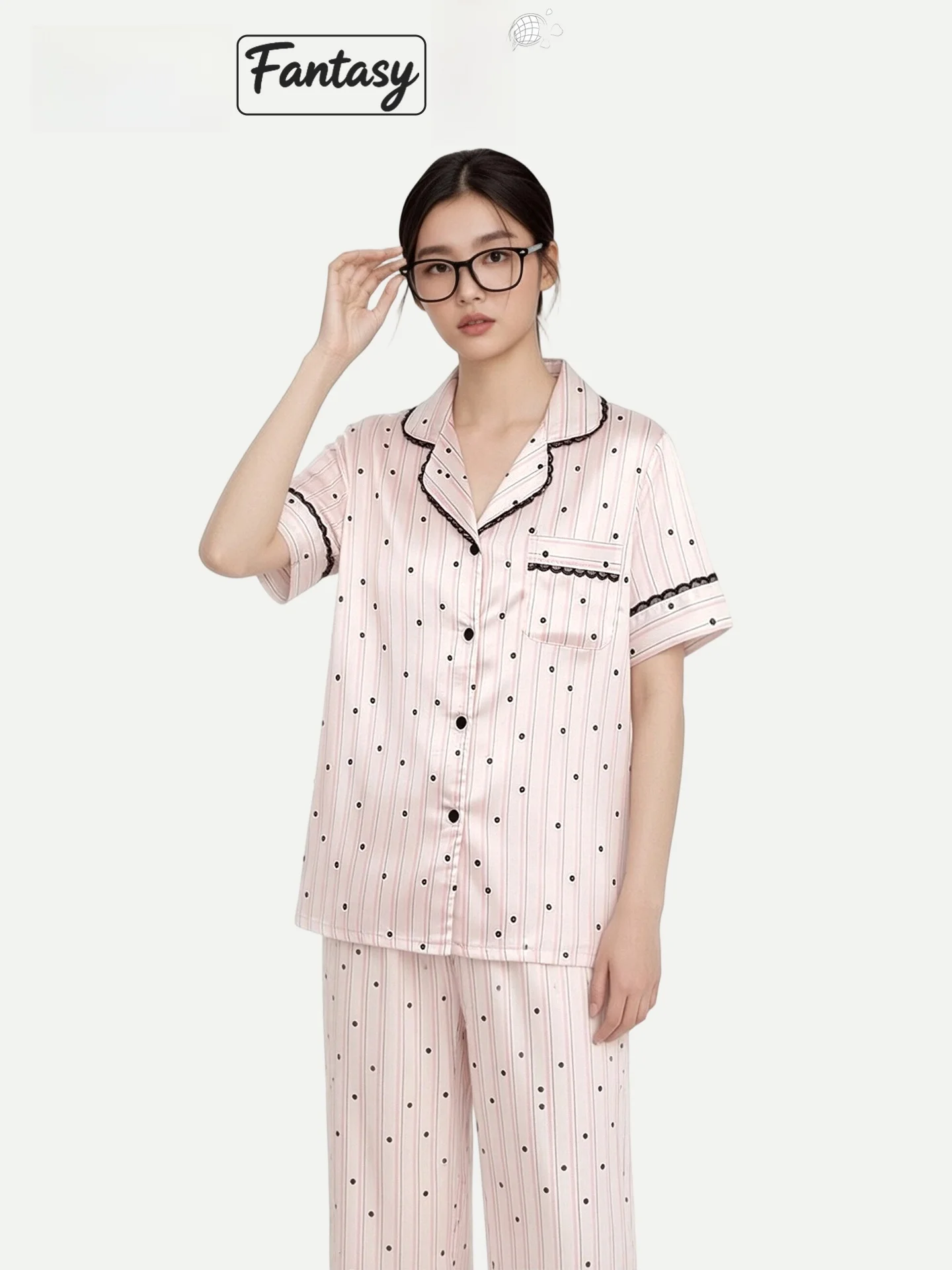 

PinkBread Silk Short Sleeve Sleepwear Polka Dot Striped Home Clothes Women's Cool Feeling Summer Outwear Comfortable Home Clo...