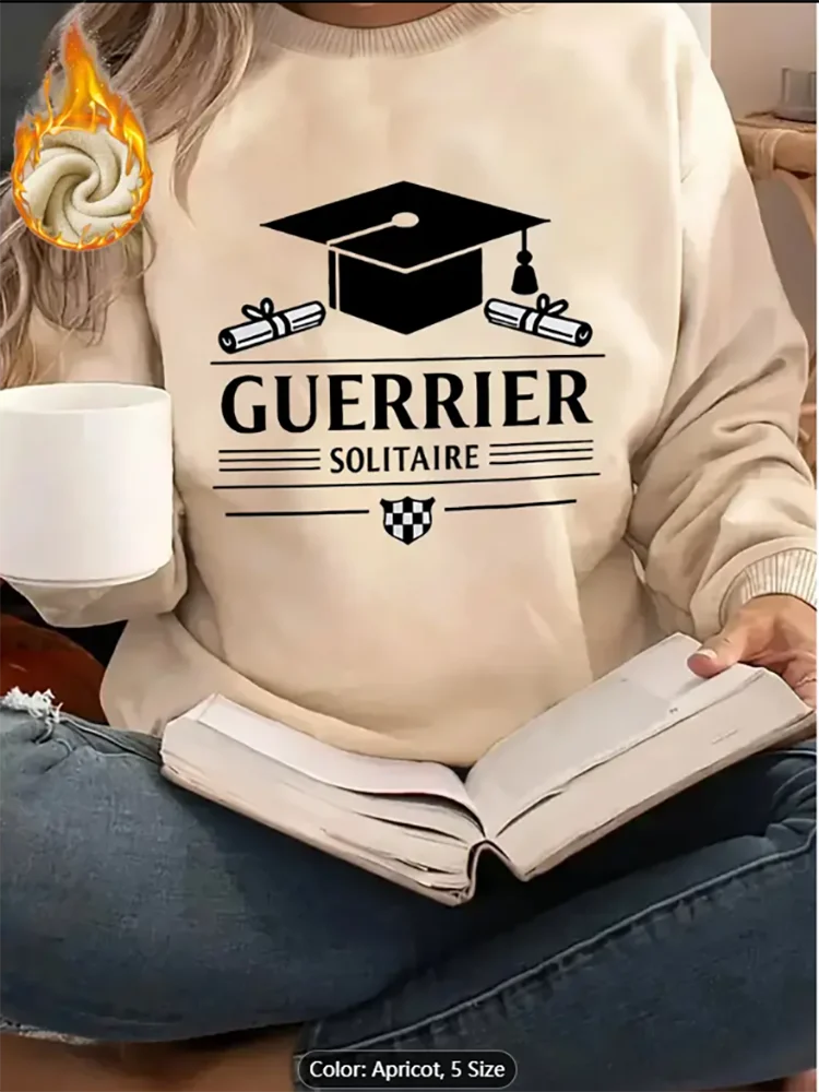 

Womens Apricot Sweatshirt Guerrier Solitaire Graduation Graphic Print Fleece Lined Casual Oversized Pullover Top Pure Cotton