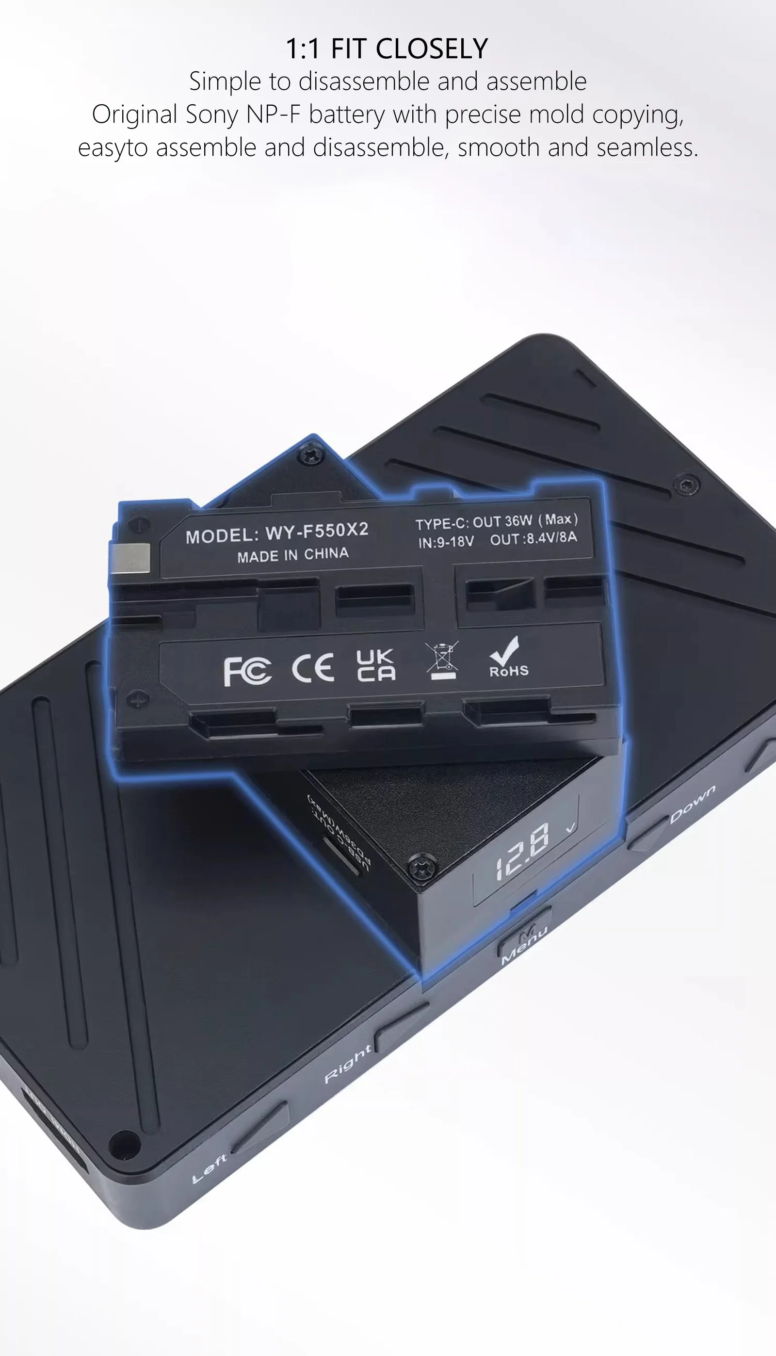 Doppelseitiger NP-F Dummy-Akku-Adapter NP-F550/F750/F970 für Kamera-Monitor Drahtloser Sender D-Tap zu DC 5,5*2,5mm Kabel – Detail 11