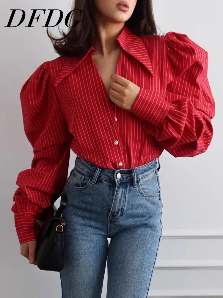

DFDG Women's 2026 Spring Summer Striped Puff Sleeve Button Shirt Oversized Collar Blouse Elegant Office Casual Workwear Shirt