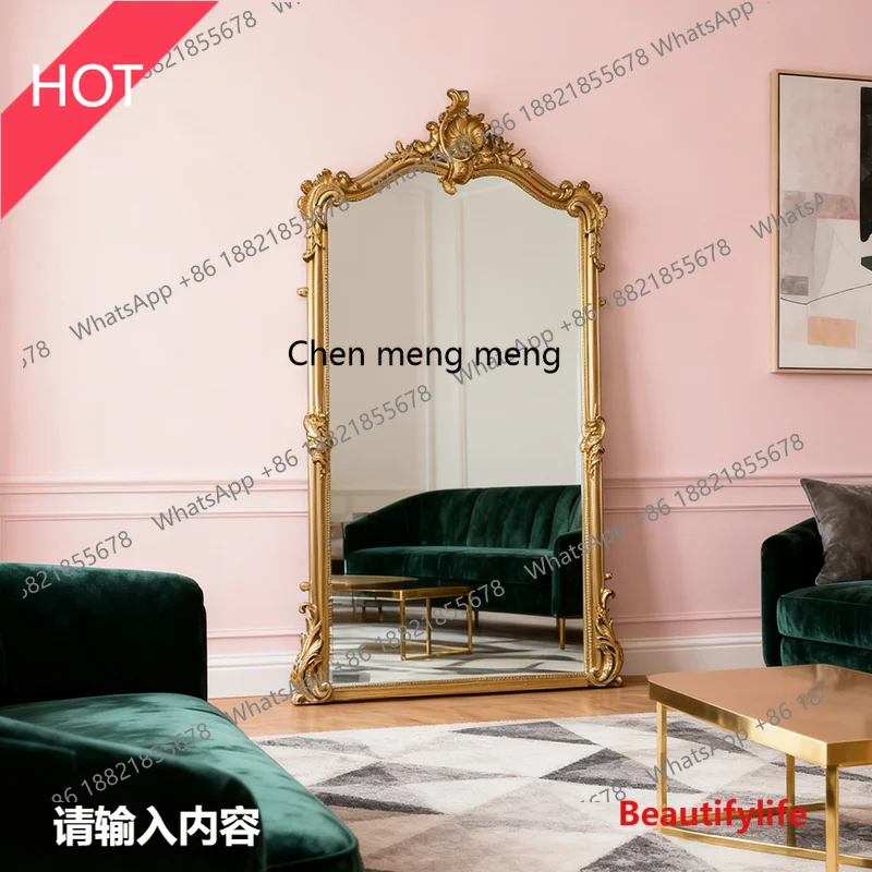 

02A French retro fitting mirror full body decorative mirror carved villa floor-to-ceiling wall-mounted dressing mirror
