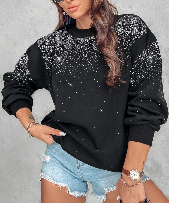 Black Round Neck Rhinestone Decorated Sweatshirt with Shiny Diamond Inlay Fashion Loose Fitting Pullover Long Sleeved Sweatshirt