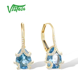 VISTOSO Real 14K 585 Yellow Gold Earrings For Women Sparkling Diamond Blue Topaz Charming Wedding Trendy Party Fine Jewelry