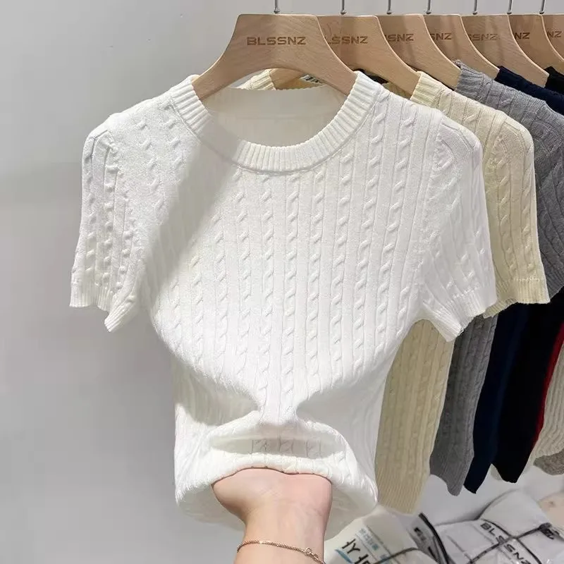 AOSSVIAO 2026 Sommer Aprikosenfarbenes O-Neck Twist Slim Fit Kurzarm-T-Shirt für Damen – Trendiges, einfarbiges, vielseitiges Strick-Oberteil