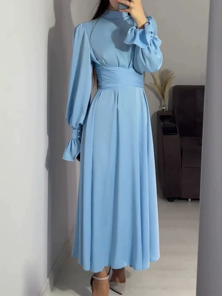 Robe longue en Satin pour femmes, mode printemps-automne, Simple, col rond, manches évasées, à lacets, coupe cintrée, Sexy, robe de soirée