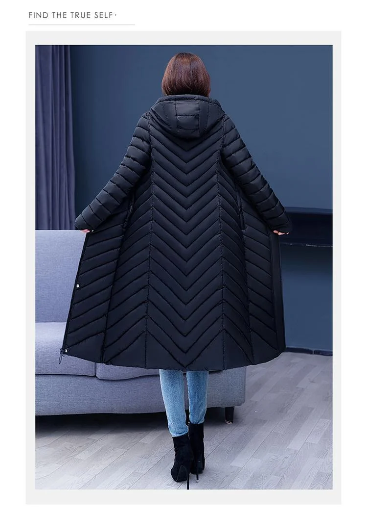 NEW Middle-aged Womens Down Cotton Coat Winter Long Warm Quilted Cotton Jacket Female Casual Hooded Parka Overcoat Purple 5XL