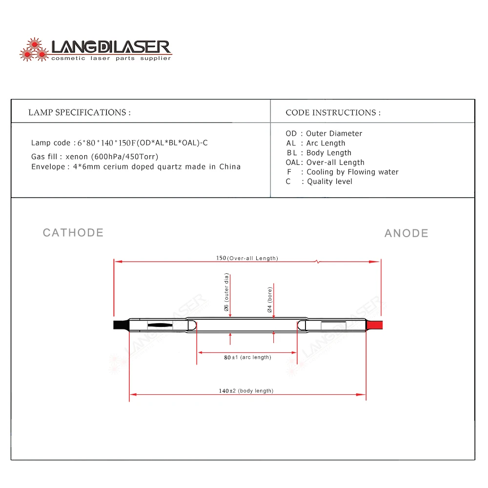 Xenon-Laser-Flash-Lamp 6*80*140F For ND:YAG Tottoo Removal Laser Machine