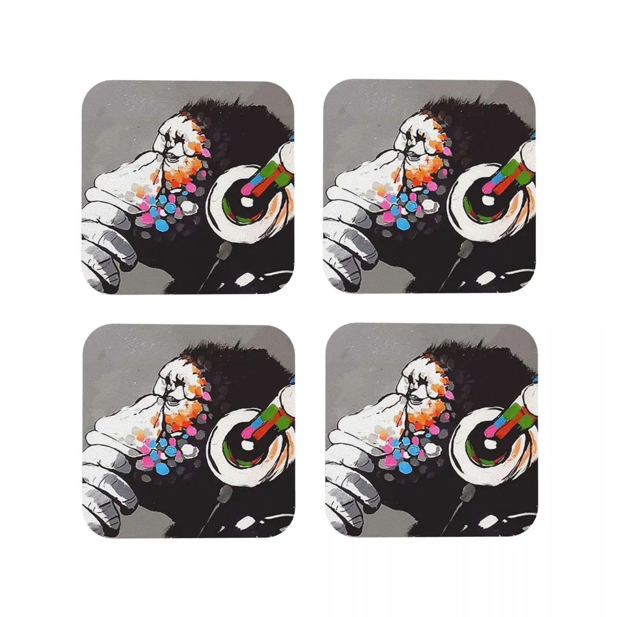 Banksy DJ Monkey Thinker With Headphon Coasters Kitchen Placemats Insulation Cup Mats For Decor Home Tableware Pads Set of 4