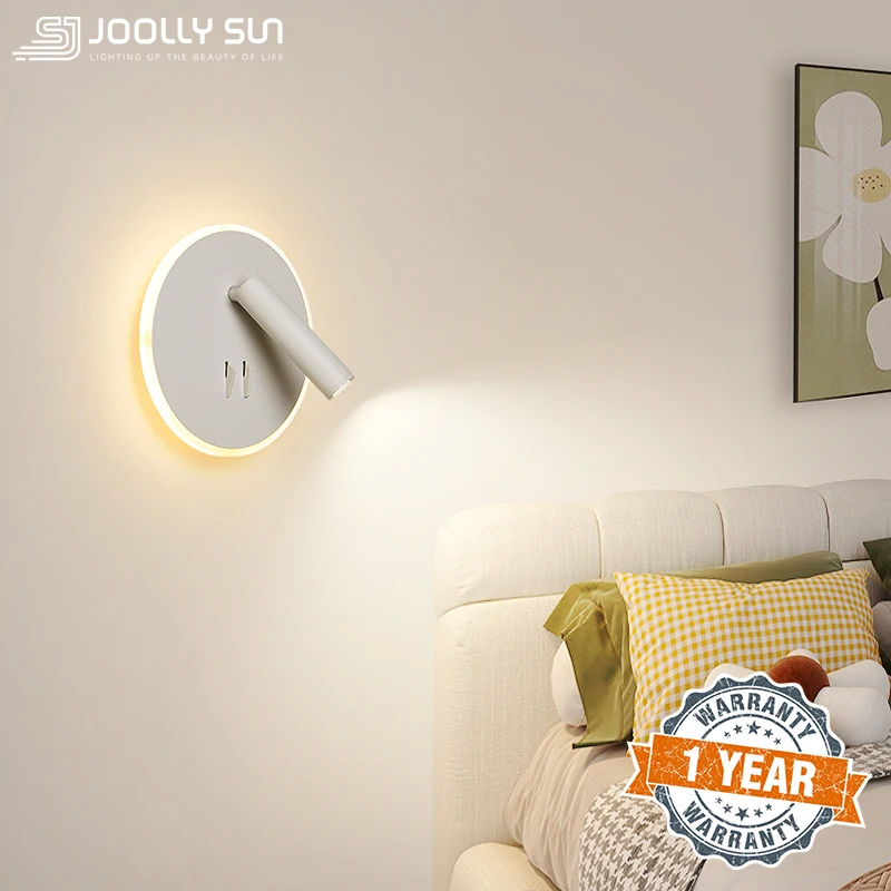 

JoollySun Wall Light Bedside Reading Lamp LED Lighting with Switch for Modern Home Decoration Indoor Rotating Round Night Light