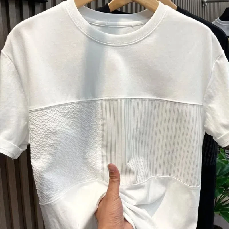 T-shirt patchwork à col rond pour hommes, chemise à fond, style jeune, décontracté, tout match, demi-manches, t-shirt tendance, été