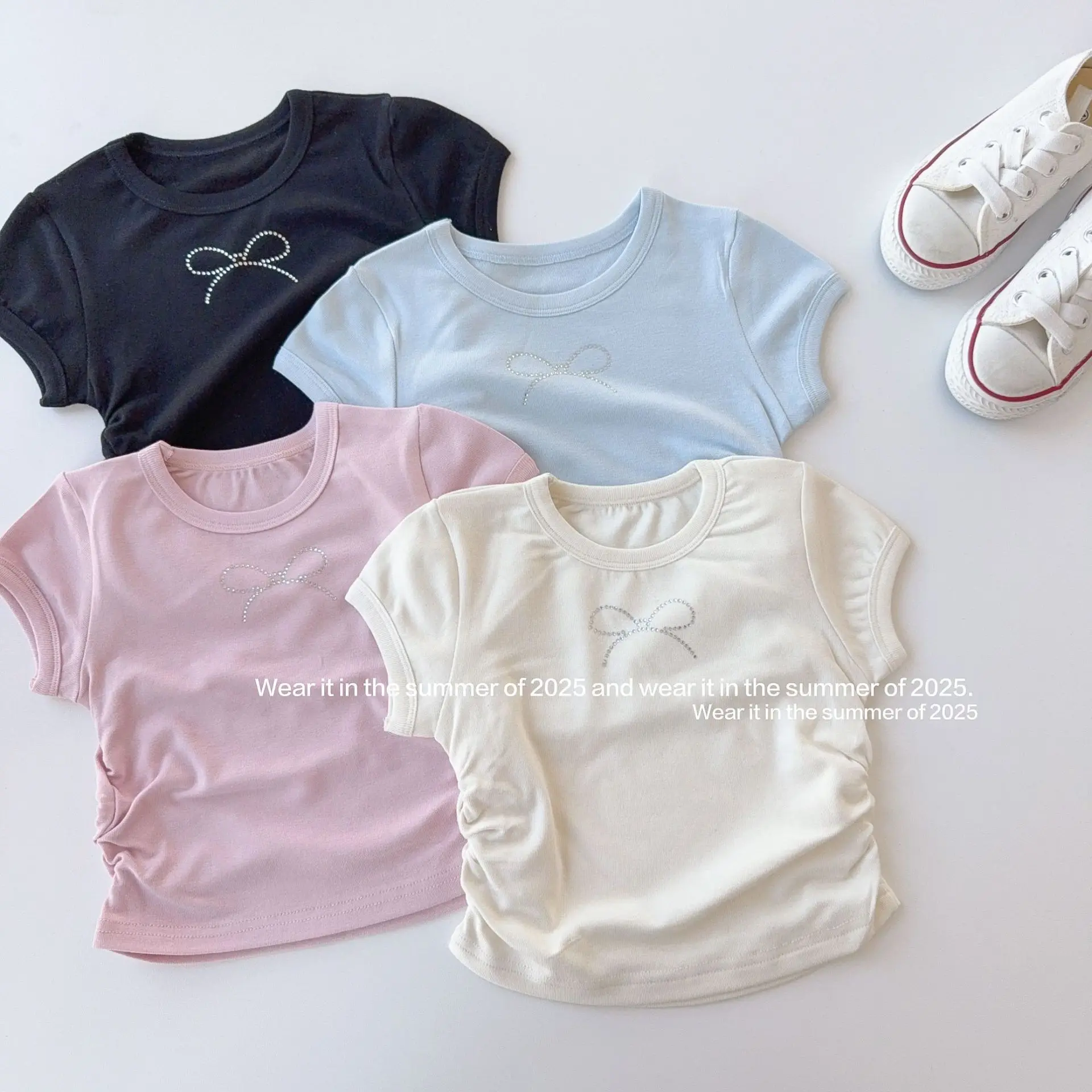 

2026 Summer New Children Short Sleeve T Shirts Fashion Girls Bow Hot Fix Tee Kids Elastic Slim Fit Tops Cotton Baby Girl Clothes