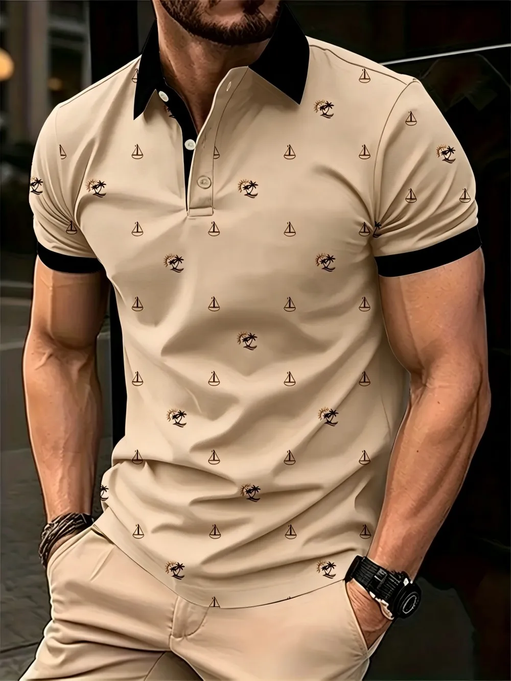 European and American men's summer sailboat graffiti print comfortable breathable polo short sleeved T-shirt outdoor casual top view 2