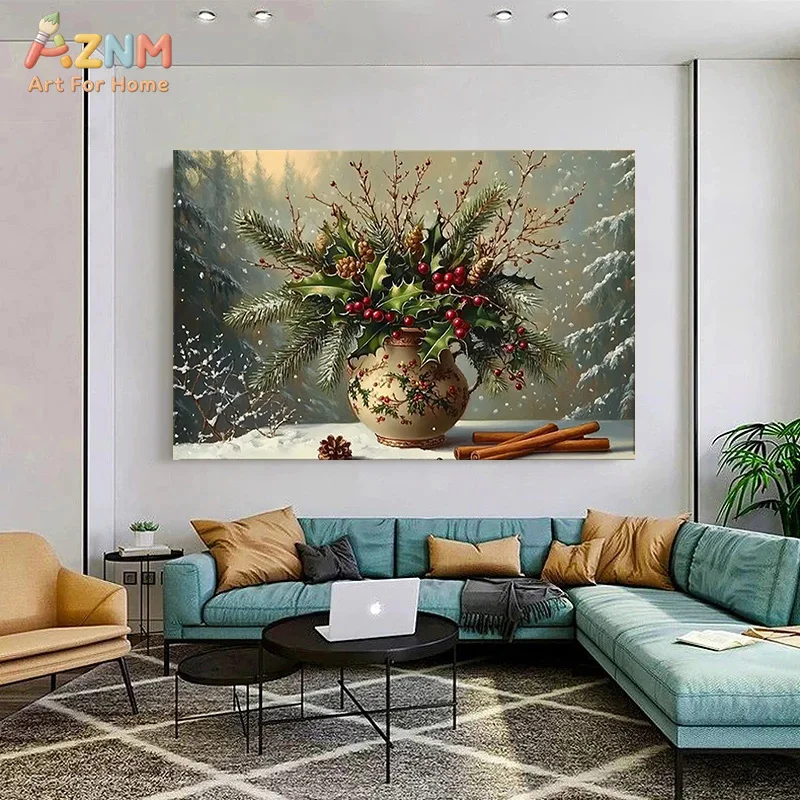 AZNM Christmas Winter Floral Canvas Wall Art Holly Pine Cone Vase Print Snowy Forest Scene Decor No Frame